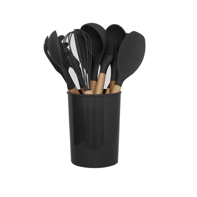 AEX Kitchen Utensils Set - 12 Pcs Cooking Utensils Set - Kitchen Utensils with Holder - Heat Resistant Silicone Utensil Set - Non-Stick Utensils with Wooden Handle - Spatula Utensil Set (Olive Green)