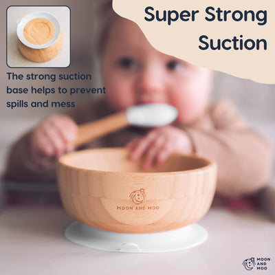 Moon and Moo Bamboo Suction Bowl and Spoon Set for Kids, Toddlers and Baby Weaning - Non-Toxic – Plastic Free - Stay Put - Baby Suction Bowl - Baby Weaning Set