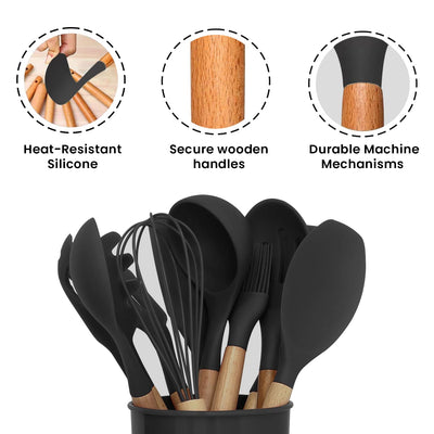 AEX Kitchen Utensils Set - 12 Pcs Cooking Utensils Set - Kitchen Utensils with Holder - Heat Resistant Silicone Utensil Set - Non-Stick Utensils with Wooden Handle - Spatula Utensil Set (Olive Green)