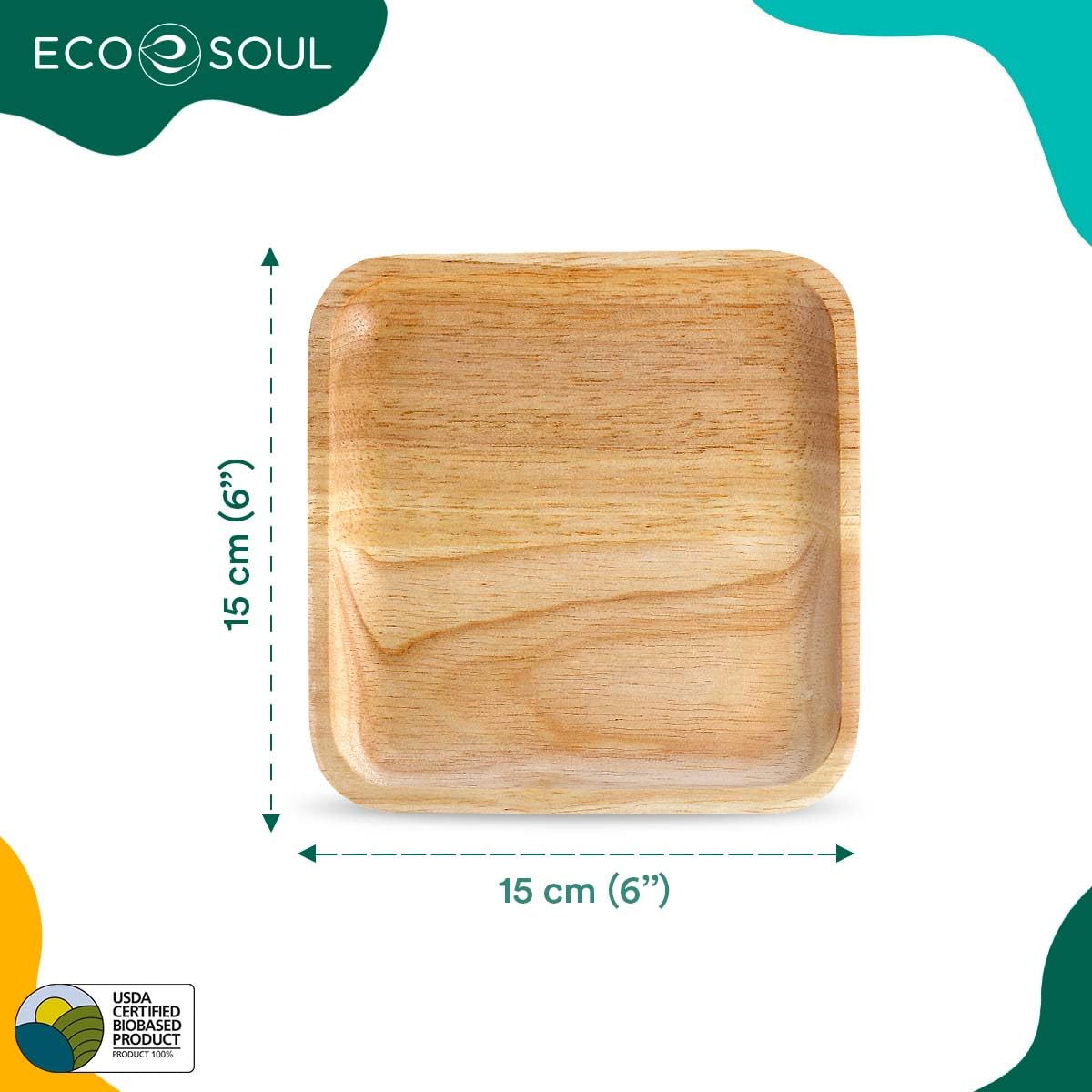 ECO SOUL 25 Disposable Palm Leaf Plates 6”(15cm) Square Small Bamboo Plate I Eco Friendly, Biodegradable, Compostable Heavy-Duty Plate, Wooden Plates for Party & Events I Microwave & Oven Safe