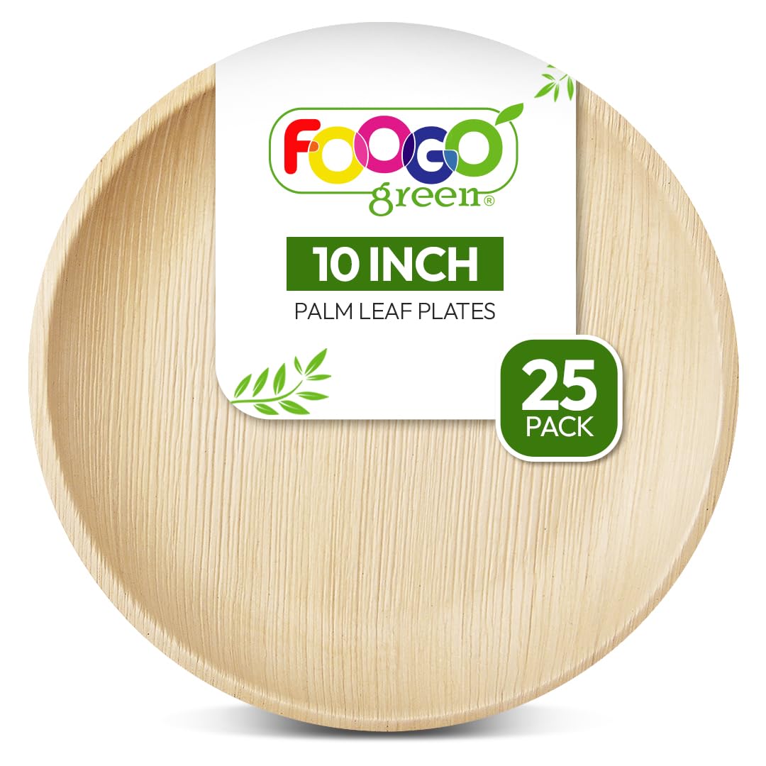 FOOGO Green 25 Disposable Palm Leaf Plates, 10"(25cm) Large Round, Eco Friendly Biodegradable Compostable Plates, Like Wooden Plates, Bamboo Plates, Paper Plates for Hot Food, Wedding Picnic Plates