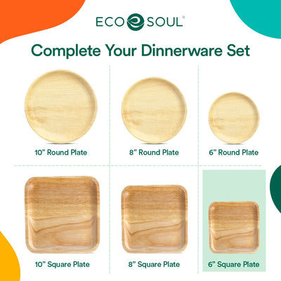 ECO SOUL 25 Disposable Palm Leaf Plates 6”(15cm) Square Small Bamboo Plate I Eco Friendly, Biodegradable, Compostable Heavy-Duty Plate, Wooden Plates for Party & Events I Microwave & Oven Safe