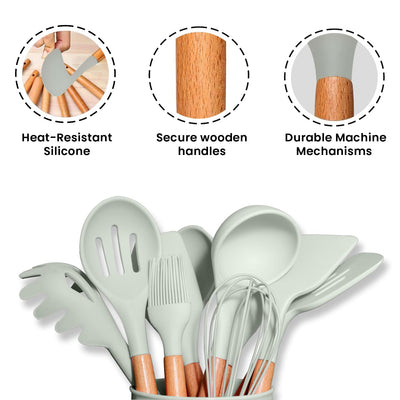 AEX Kitchen Utensils Set - 12 Pcs Cooking Utensils Set - Kitchen Utensils with Holder - Heat Resistant Silicone Utensil Set - Non-Stick Utensils with Wooden Handle - Spatula Utensil Set (Olive Green)