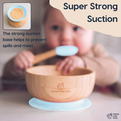 Moon and Moo Bamboo Suction Bowl and Spoon Set for Kids, Toddlers and Baby Weaning - Non-Toxic – Plastic Free - Stay Put - Baby Suction Bowl - Baby Weaning Set