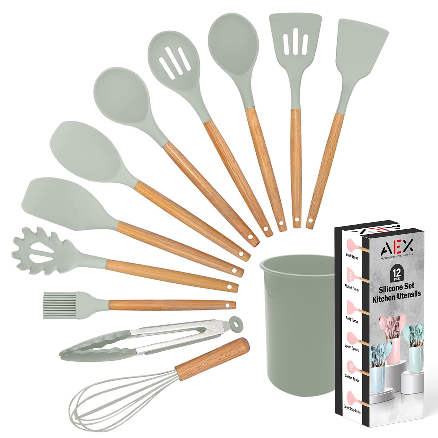 AEX Kitchen Utensils Set - 12 Pcs Cooking Utensils Set - Kitchen Utensils with Holder - Heat Resistant Silicone Utensil Set - Non-Stick Utensils with Wooden Handle - Spatula Utensil Set (Olive Green)