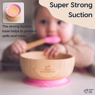 Moon and Moo Bamboo Suction Bowl and Spoon Set for Kids, Toddlers and Baby Weaning - Non-Toxic – Plastic Free - Stay Put - Baby Suction Bowl - Baby Weaning Set