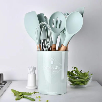 GJIE Kitchen Utensil Set, 12 PCS Silicone Cooking Utensils Set with Wooden Handle, Heat Resistant, Nonstick Cookware Tongs Spatula Spoon Set, Dishwasher Safe, Best Kitchen Tools (Green)