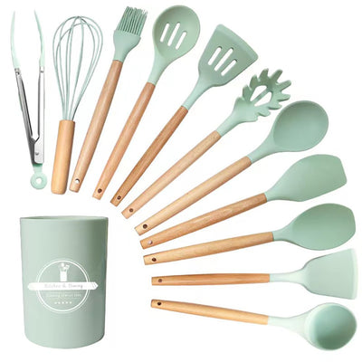 GJIE Kitchen Utensil Set, 12 PCS Silicone Cooking Utensils Set with Wooden Handle, Heat Resistant, Nonstick Cookware Tongs Spatula Spoon Set, Dishwasher Safe, Best Kitchen Tools (Green)