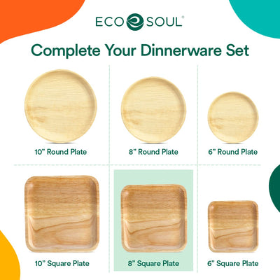 ECO SOUL 25 Disposable Palm Leaf Plates 6”(15cm) Square Small Bamboo Plate I Eco Friendly, Biodegradable, Compostable Heavy-Duty Plate, Wooden Plates for Party & Events I Microwave & Oven Safe