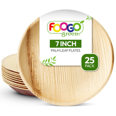 FOOGO Green 25 Disposable Palm Leaf Plates, 10"(25cm) Large Round, Eco Friendly Biodegradable Compostable Plates, Like Wooden Plates, Bamboo Plates, Paper Plates for Hot Food, Wedding Picnic Plates