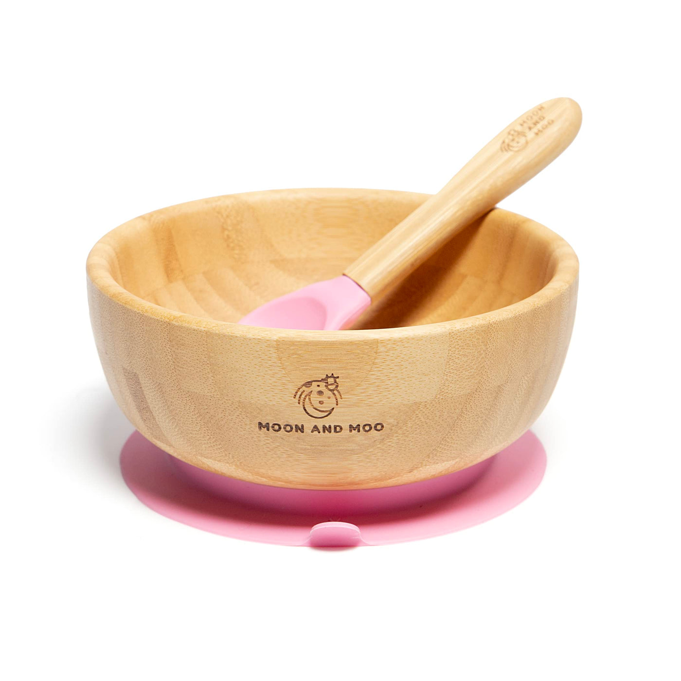 Moon and Moo Bamboo Suction Bowl and Spoon Set for Kids, Toddlers and Baby Weaning - Non-Toxic – Plastic Free - Stay Put - Baby Suction Bowl - Baby Weaning Set