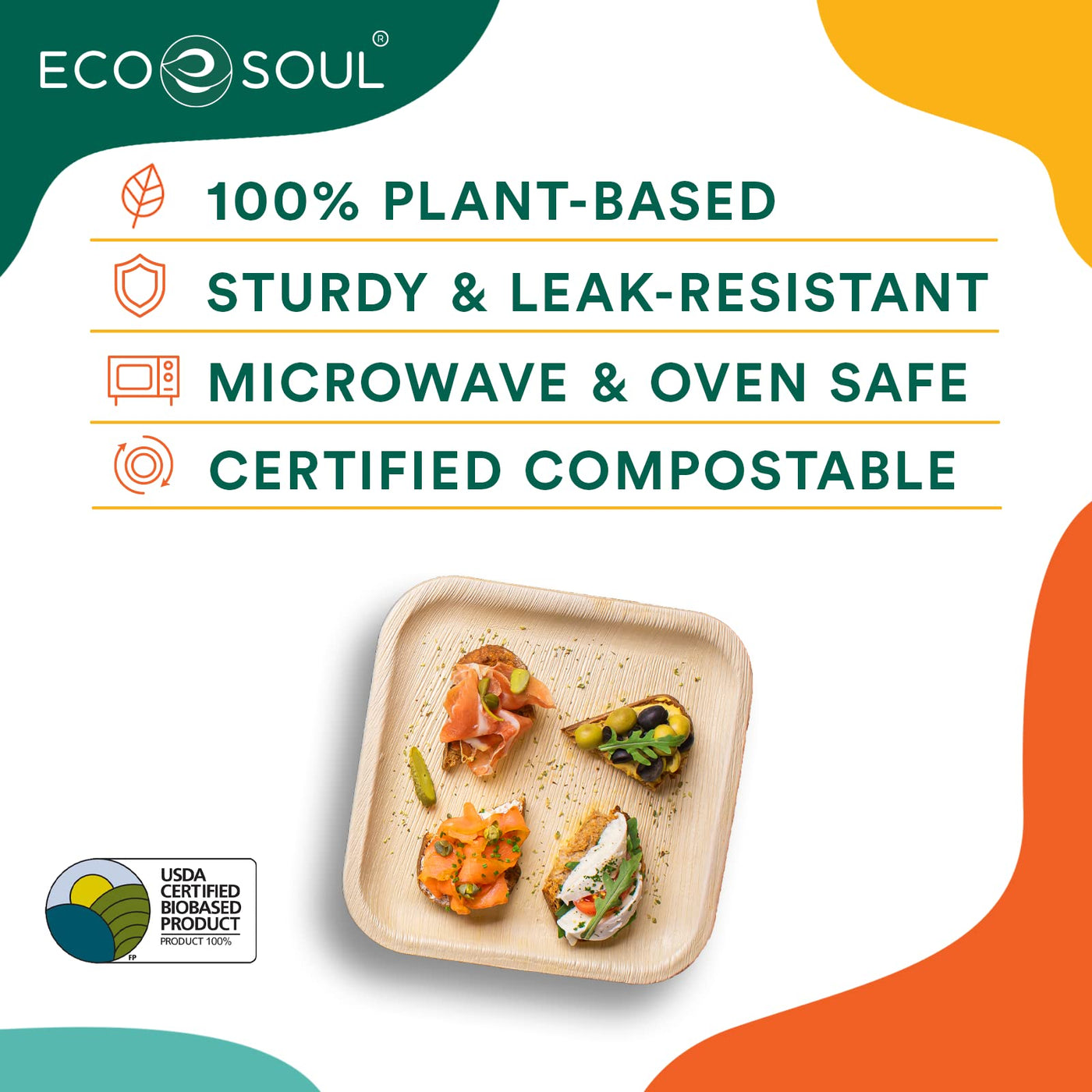 ECO SOUL 25 Disposable Palm Leaf Plates 6”(15cm) Square Small Bamboo Plate I Eco Friendly, Biodegradable, Compostable Heavy-Duty Plate, Wooden Plates for Party & Events I Microwave & Oven Safe