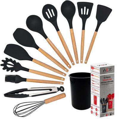 AEX Kitchen Utensils Set - 12 Pcs Cooking Utensils Set - Kitchen Utensils with Holder - Heat Resistant Silicone Utensil Set - Non-Stick Utensils with Wooden Handle - Spatula Utensil Set (Olive Green)