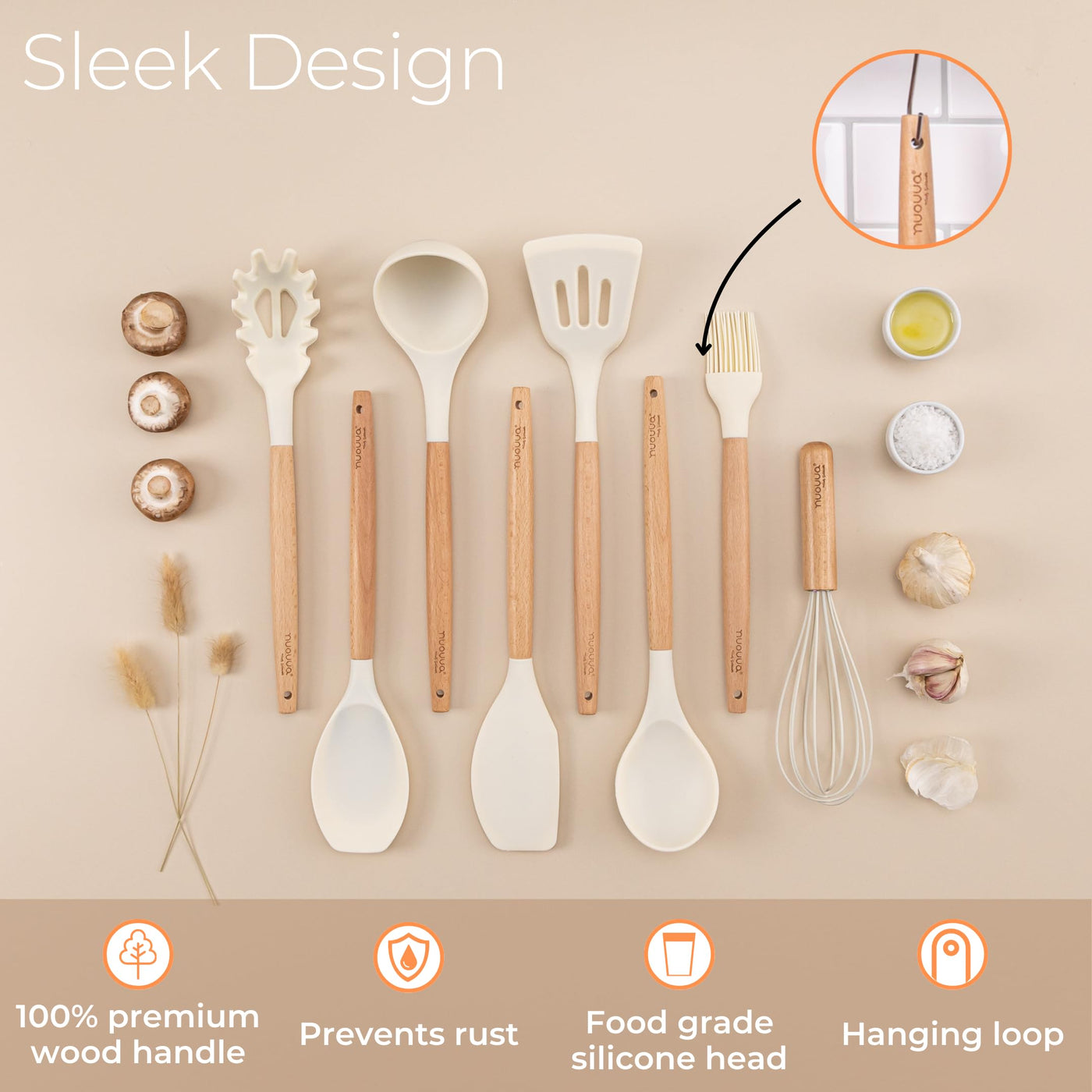 Kitchen Non Stick Cooking Utensils Set – Heat Resistant Silicone Utensils with Wooden Handle – Ladles, Spoons and Spatulas Set – Kitchen Tools & Accessories – 35pcs, Cream – by Nuovva