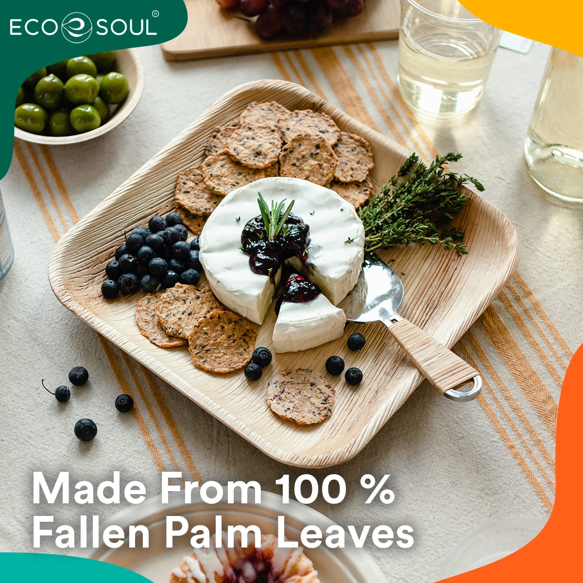 ECO SOUL 25 Disposable Palm Leaf Plates 6”(15cm) Square Small Bamboo Plate I Eco Friendly, Biodegradable, Compostable Heavy-Duty Plate, Wooden Plates for Party & Events I Microwave & Oven Safe