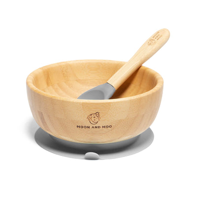 Moon and Moo Bamboo Suction Bowl and Spoon Set for Kids, Toddlers and Baby Weaning - Non-Toxic – Plastic Free - Stay Put - Baby Suction Bowl - Baby Weaning Set