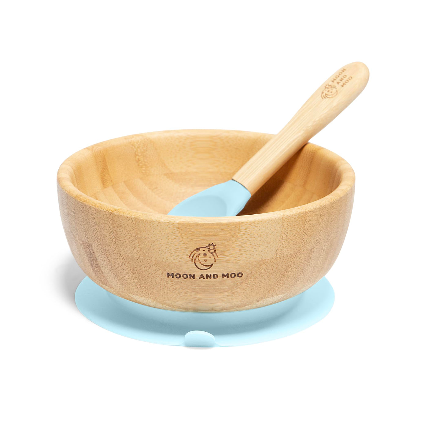 Moon and Moo Bamboo Suction Bowl and Spoon Set for Kids, Toddlers and Baby Weaning - Non-Toxic – Plastic Free - Stay Put - Baby Suction Bowl - Baby Weaning Set