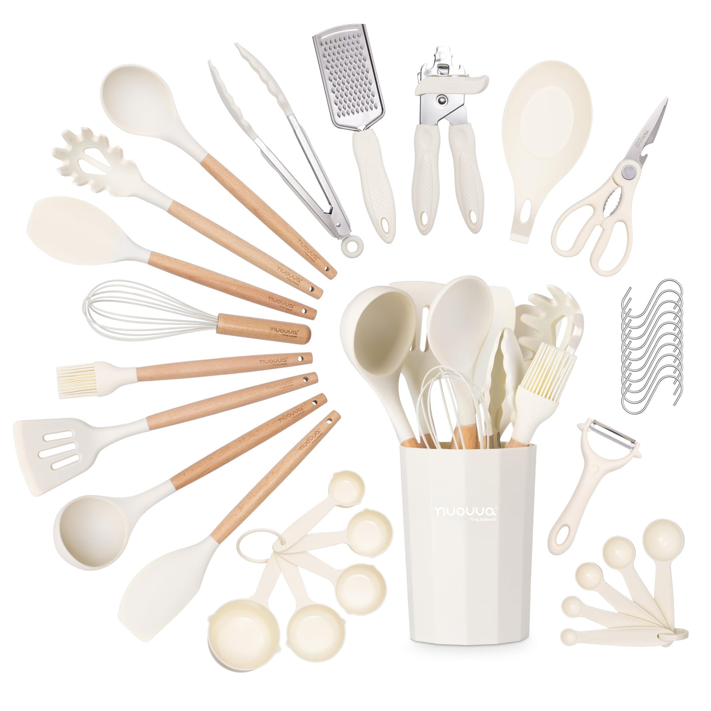 Kitchen Non Stick Cooking Utensils Set – Heat Resistant Silicone Utensils with Wooden Handle – Ladles, Spoons and Spatulas Set – Kitchen Tools & Accessories – 35pcs, Cream – by Nuovva