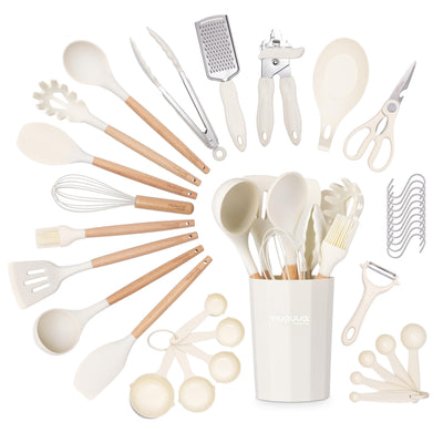 Kitchen Non Stick Cooking Utensils Set – Heat Resistant Silicone Utensils with Wooden Handle – Ladles, Spoons and Spatulas Set – Kitchen Tools & Accessories – 35pcs, Cream – by Nuovva