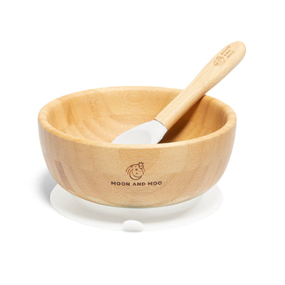 Moon and Moo Bamboo Suction Bowl and Spoon Set for Kids, Toddlers and Baby Weaning - Non-Toxic – Plastic Free - Stay Put - Baby Suction Bowl - Baby Weaning Set