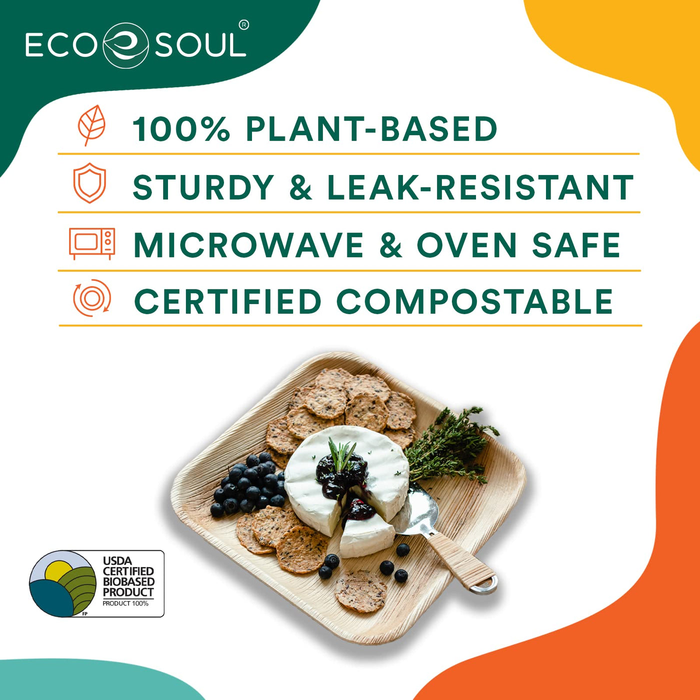 ECO SOUL 25 Disposable Palm Leaf Plates 6”(15cm) Square Small Bamboo Plate I Eco Friendly, Biodegradable, Compostable Heavy-Duty Plate, Wooden Plates for Party & Events I Microwave & Oven Safe