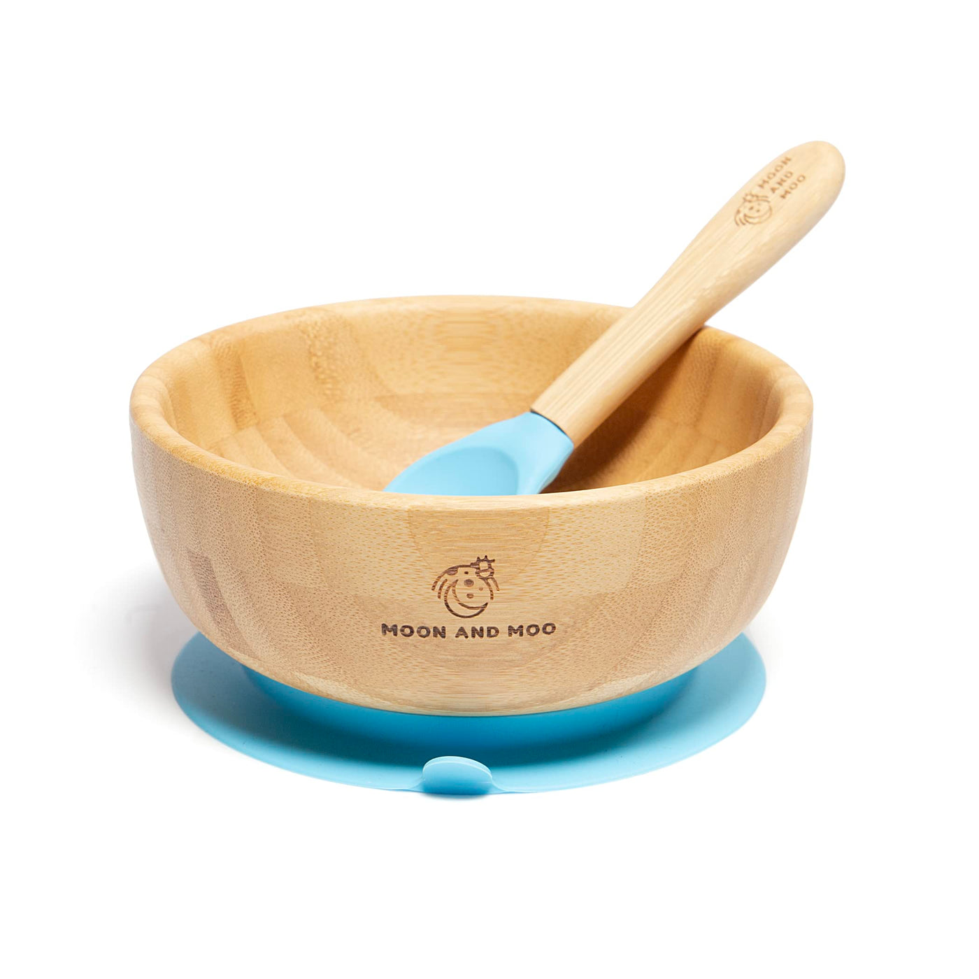 Moon and Moo Bamboo Suction Bowl and Spoon Set for Kids, Toddlers and Baby Weaning - Non-Toxic – Plastic Free - Stay Put - Baby Suction Bowl - Baby Weaning Set