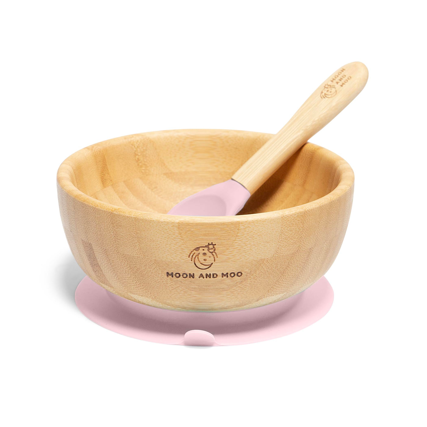 Moon and Moo Bamboo Suction Bowl and Spoon Set for Kids, Toddlers and Baby Weaning - Non-Toxic – Plastic Free - Stay Put - Baby Suction Bowl - Baby Weaning Set