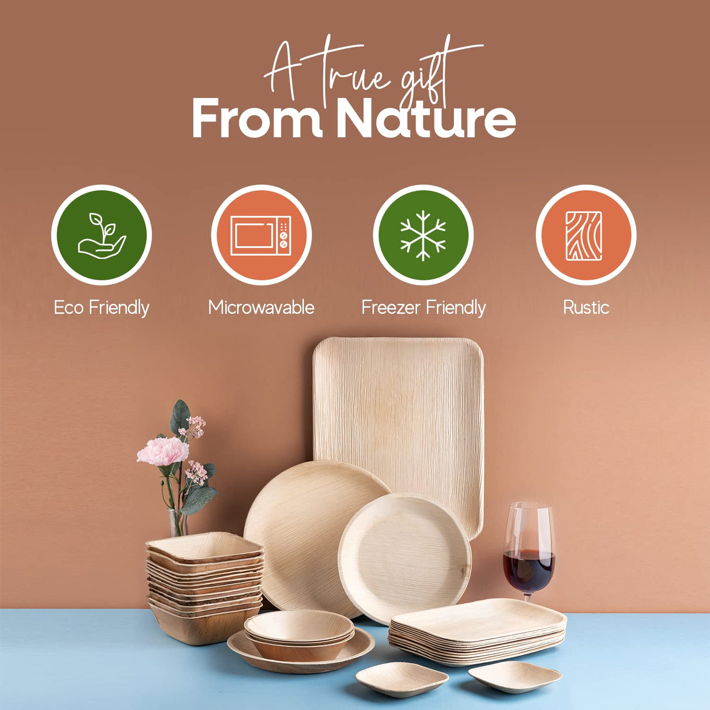 FOOGO Green 25 Disposable Palm Leaf Plates, 10"(25cm) Large Round, Eco Friendly Biodegradable Compostable Plates, Like Wooden Plates, Bamboo Plates, Paper Plates for Hot Food, Wedding Picnic Plates