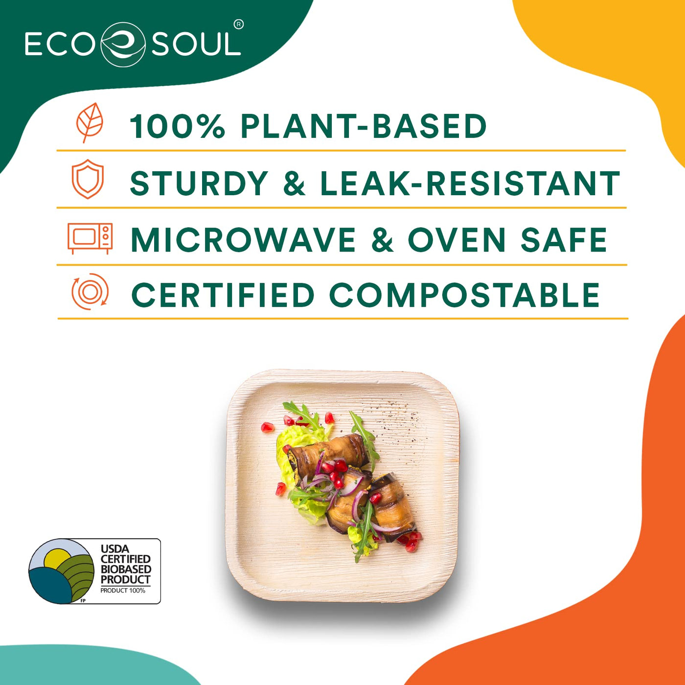 ECO SOUL 25 Disposable Palm Leaf Plates 6”(15cm) Square Small Bamboo Plate I Eco Friendly, Biodegradable, Compostable Heavy-Duty Plate, Wooden Plates for Party & Events I Microwave & Oven Safe