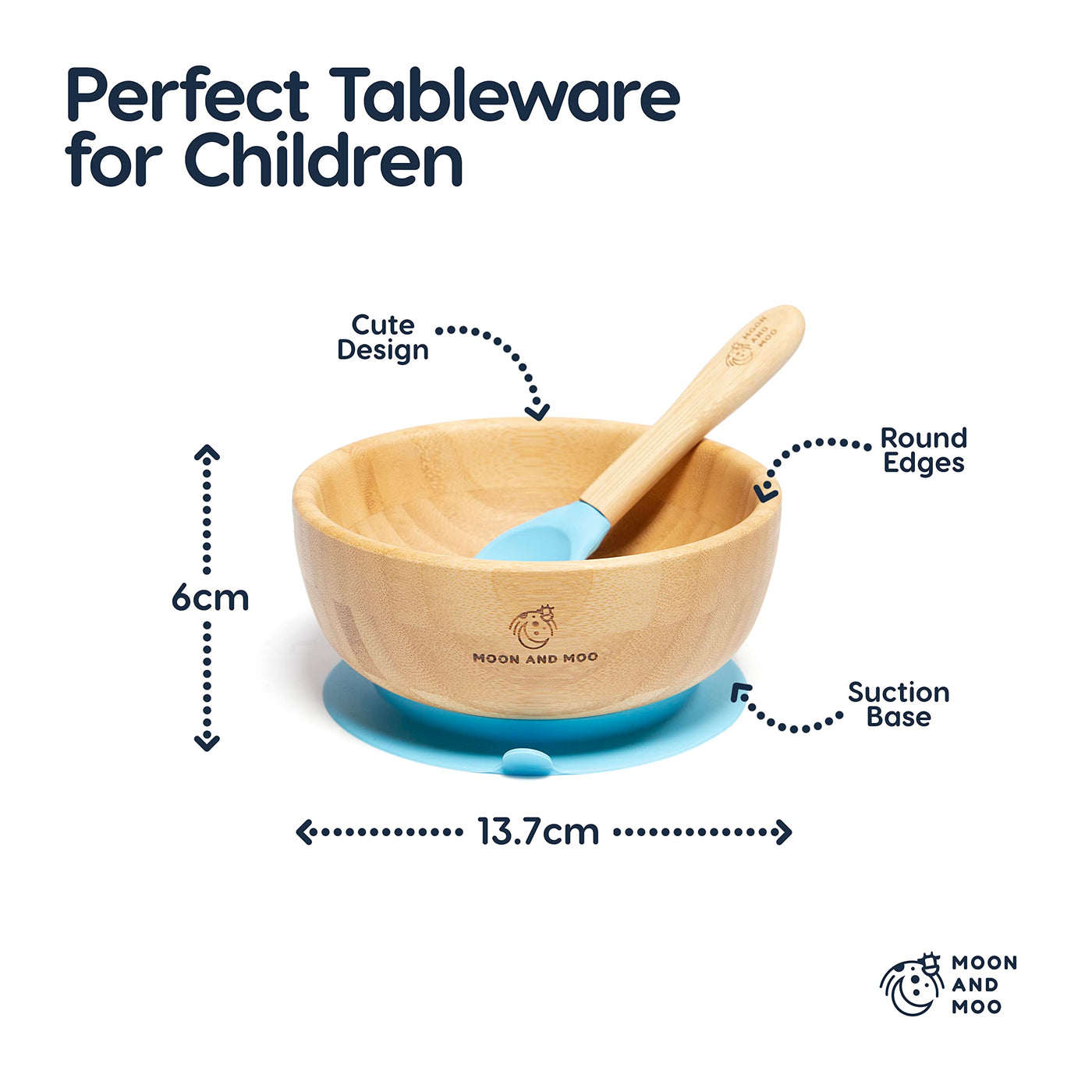 Moon and Moo Bamboo Suction Bowl and Spoon Set for Kids, Toddlers and Baby Weaning - Non-Toxic – Plastic Free - Stay Put - Baby Suction Bowl - Baby Weaning Set