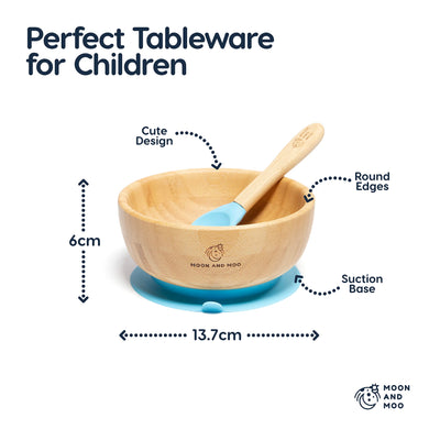 Moon and Moo Bamboo Suction Bowl and Spoon Set for Kids, Toddlers and Baby Weaning - Non-Toxic – Plastic Free - Stay Put - Baby Suction Bowl - Baby Weaning Set