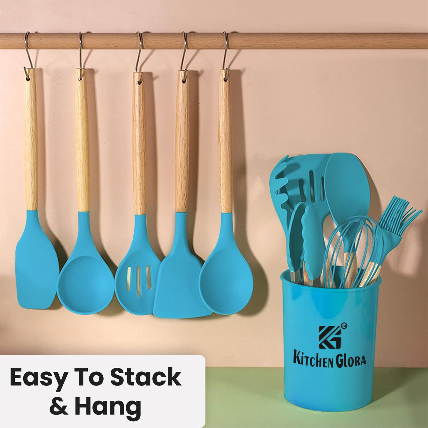 AEX Kitchen Utensils Set - 12 Pcs Cooking Utensils Set - Kitchen Utensils with Holder - Heat Resistant Silicone Utensil Set - Non-Stick Utensils with Wooden Handle - Spatula Utensil Set (Olive Green)