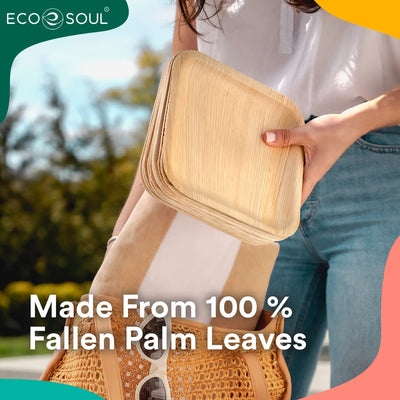 ECO SOUL 25 Disposable Palm Leaf Plates 6”(15cm) Square Small Bamboo Plate I Eco Friendly, Biodegradable, Compostable Heavy-Duty Plate, Wooden Plates for Party & Events I Microwave & Oven Safe