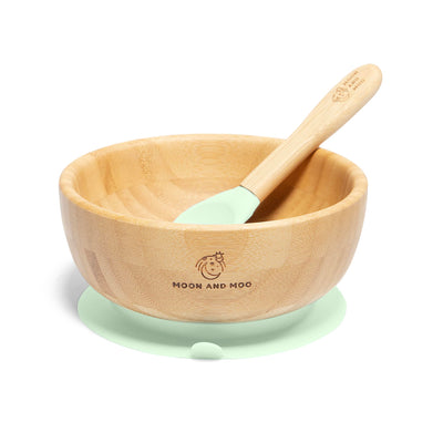 Moon and Moo Bamboo Suction Bowl and Spoon Set for Kids, Toddlers and Baby Weaning - Non-Toxic – Plastic Free - Stay Put - Baby Suction Bowl - Baby Weaning Set