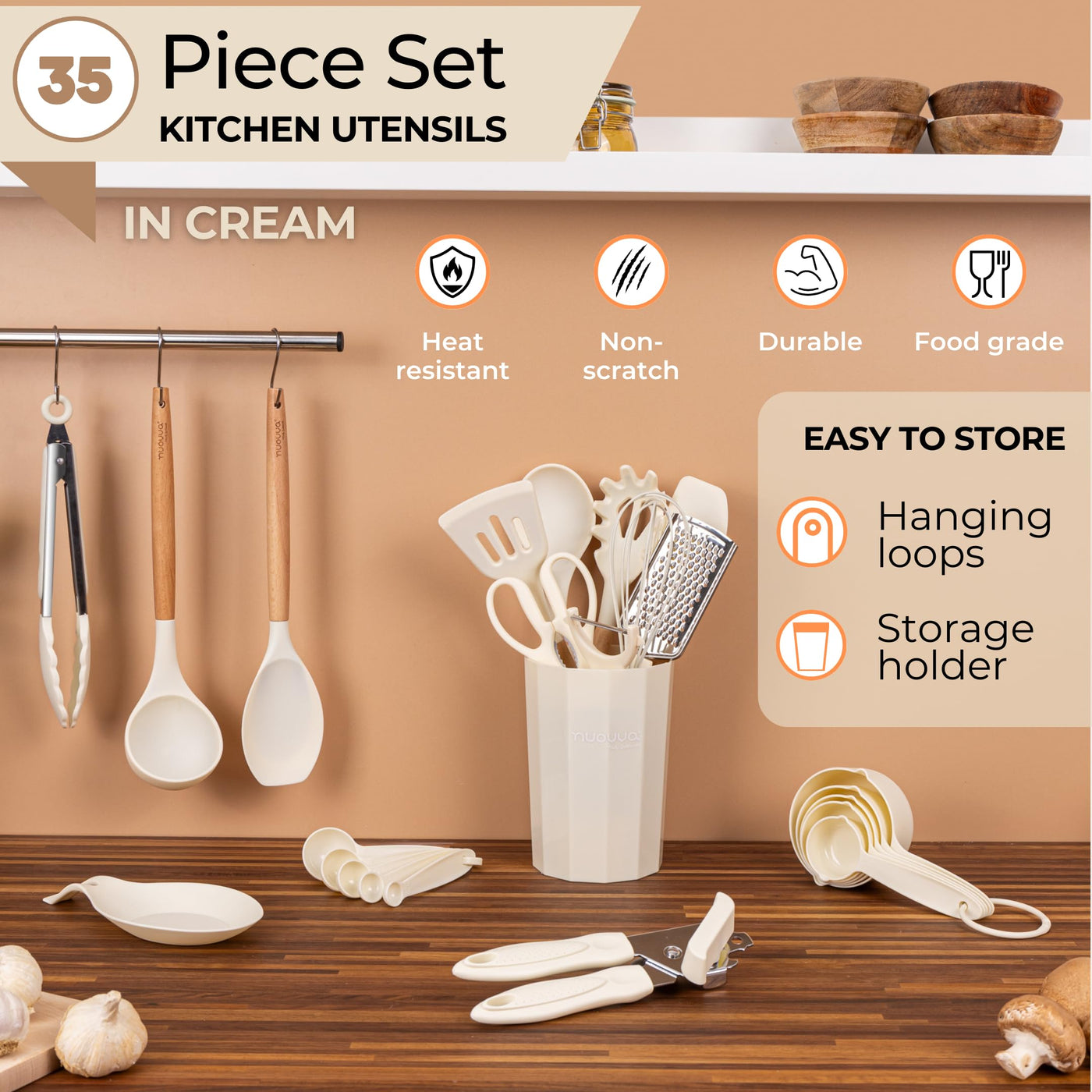 Kitchen Non Stick Cooking Utensils Set – Heat Resistant Silicone Utensils with Wooden Handle – Ladles, Spoons and Spatulas Set – Kitchen Tools & Accessories – 35pcs, Cream – by Nuovva