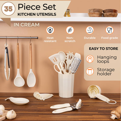 Kitchen Non Stick Cooking Utensils Set – Heat Resistant Silicone Utensils with Wooden Handle – Ladles, Spoons and Spatulas Set – Kitchen Tools & Accessories – 35pcs, Cream – by Nuovva