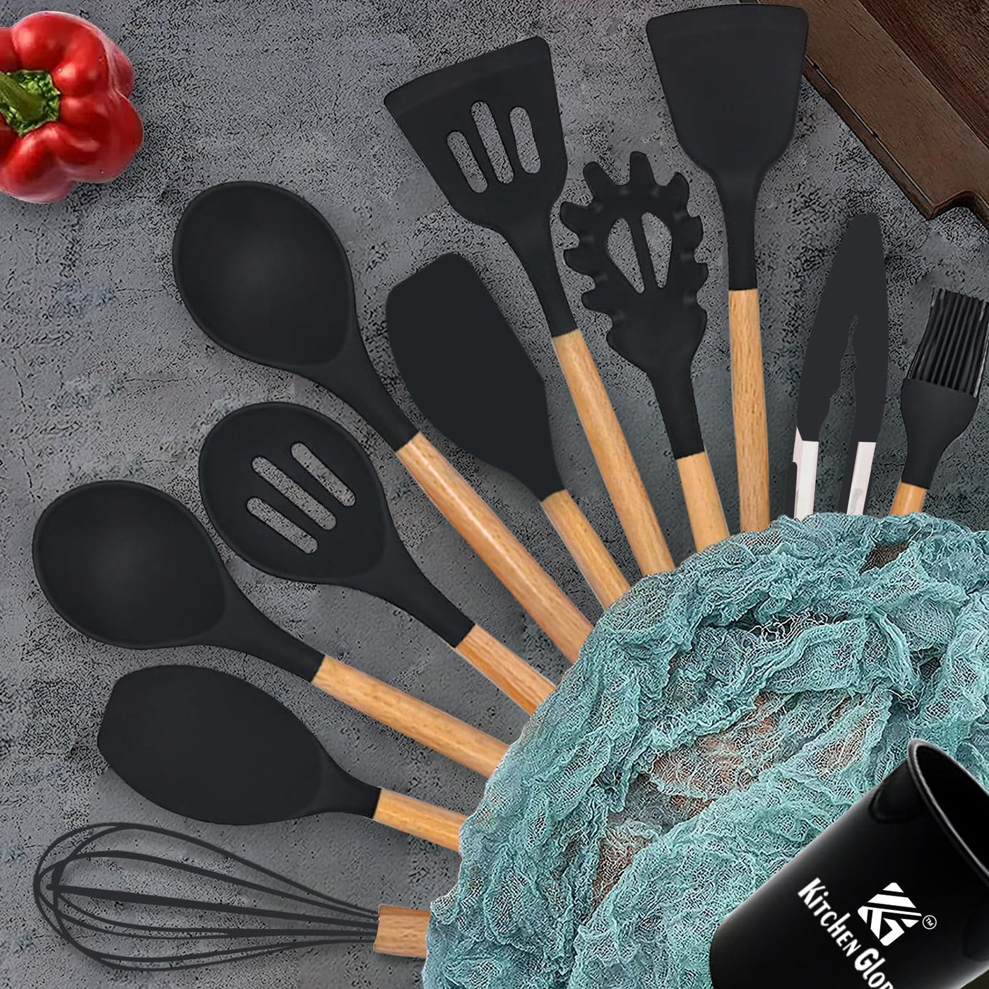 AEX Kitchen Utensils Set - 12 Pcs Cooking Utensils Set - Kitchen Utensils with Holder - Heat Resistant Silicone Utensil Set - Non-Stick Utensils with Wooden Handle - Spatula Utensil Set (Olive Green)