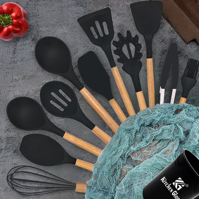 AEX Kitchen Utensils Set - 12 Pcs Cooking Utensils Set - Kitchen Utensils with Holder - Heat Resistant Silicone Utensil Set - Non-Stick Utensils with Wooden Handle - Spatula Utensil Set (Olive Green)