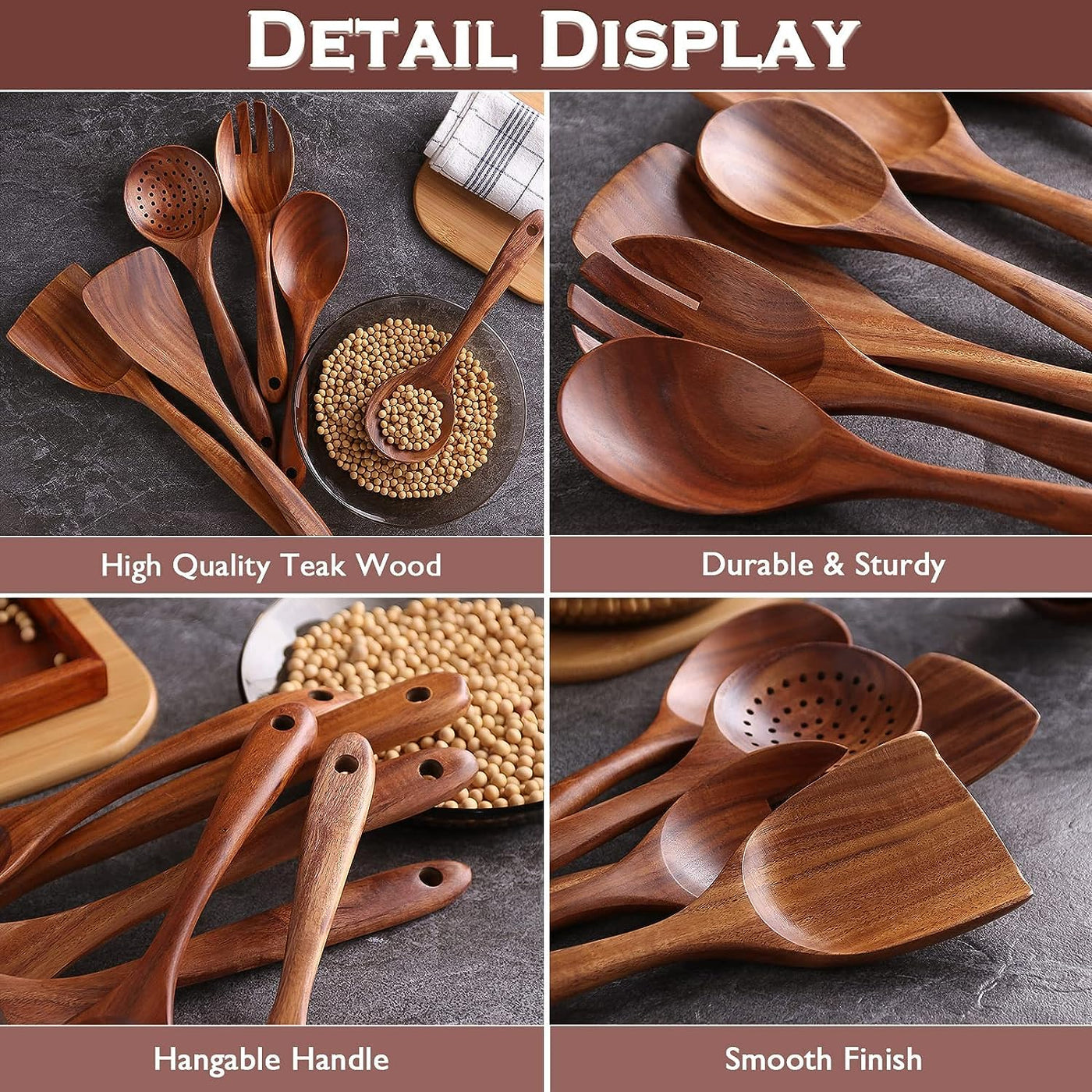 Wooden Kitchen Utensils Set 6-PCS -Cooking Utensils Set - Apartment Essentials Wooden Spoon and Spatulas for Cooking Premium Quality Housewarming Gifts Wooden Utensils for Everyday Use