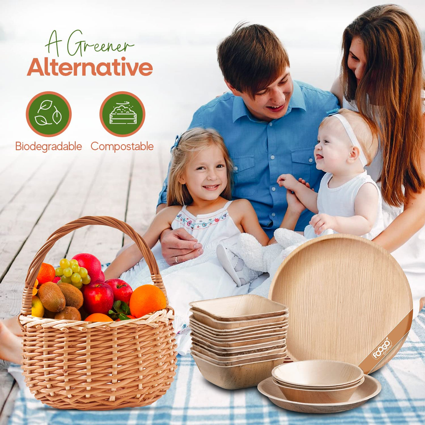 FOOGO Green 25 Disposable Palm Leaf Plates, 10"(25cm) Large Round, Eco Friendly Biodegradable Compostable Plates, Like Wooden Plates, Bamboo Plates, Paper Plates for Hot Food, Wedding Picnic Plates