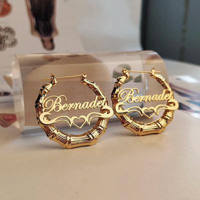 30mm-100mm Bamboo Earrings Customize Name Earrings Custom Hoop Bamboo Style Personality Earrings With Heart-shaped with gift box