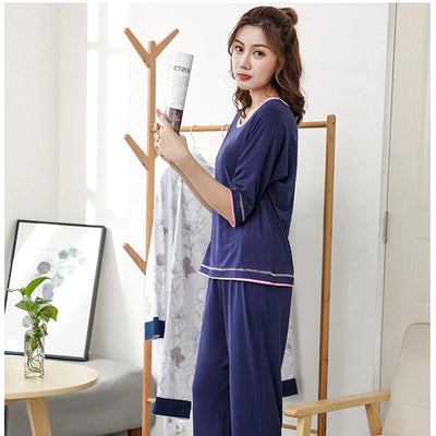 Womens Pajamas Sets Bamboo Fiber Short-Sleeve Shirts And Pants Pajama Set Sleepwear Women Sexy Summer Homewear Autumn