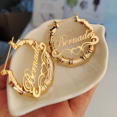 30mm-100mm Bamboo Earrings Customize Name Earrings Custom Hoop Bamboo Style Personality Earrings With Heart-shaped with gift box