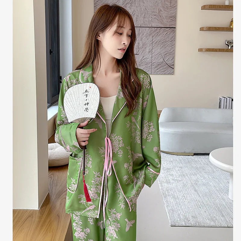 Green Pink Bamboo Chinese Printed Ice Silk Pajamas Women Spring Autumn Satin Slanted Open Front Long Sleeve Pant Set Homeclothes