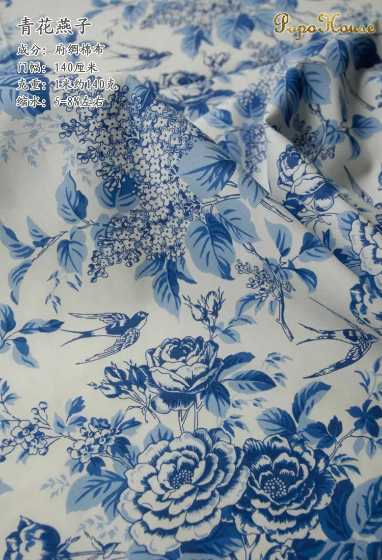 140x50cm Classic Blue and White Porcelain Rose Poplin Cotton Cloth Shirt Dress Summer Clothing Diy Fabric