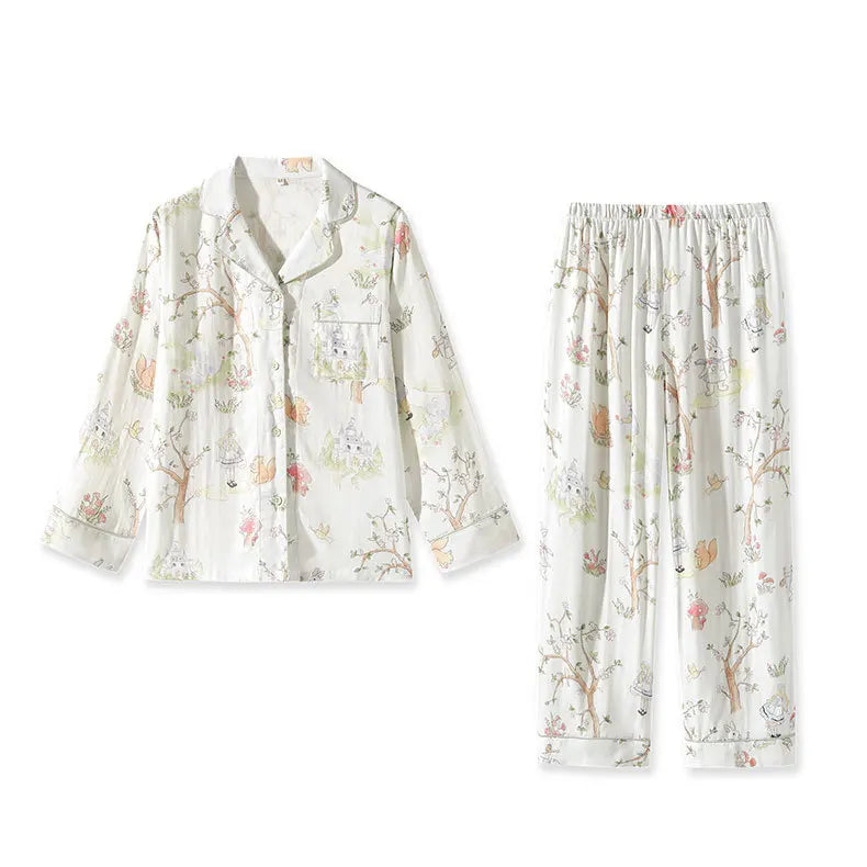 Autumn Bamboo Fiber Flower Printed White Green Colors 2 Pcs Long Sleeve Long Trouser Pajama Suit for Women's Home Clothes