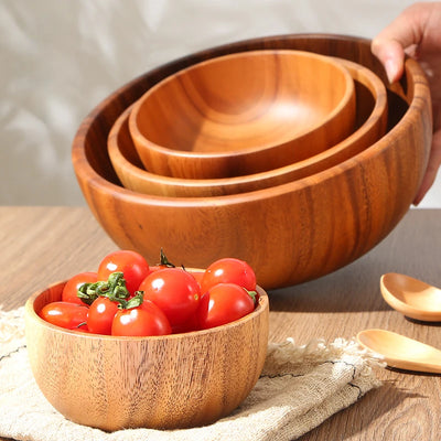 Simple Acacia Wood Bowl Household Salad Mixing Wooden Basin Kneading Solid Wood Bowl Thickened Soaking Bowl Wooden Tableware