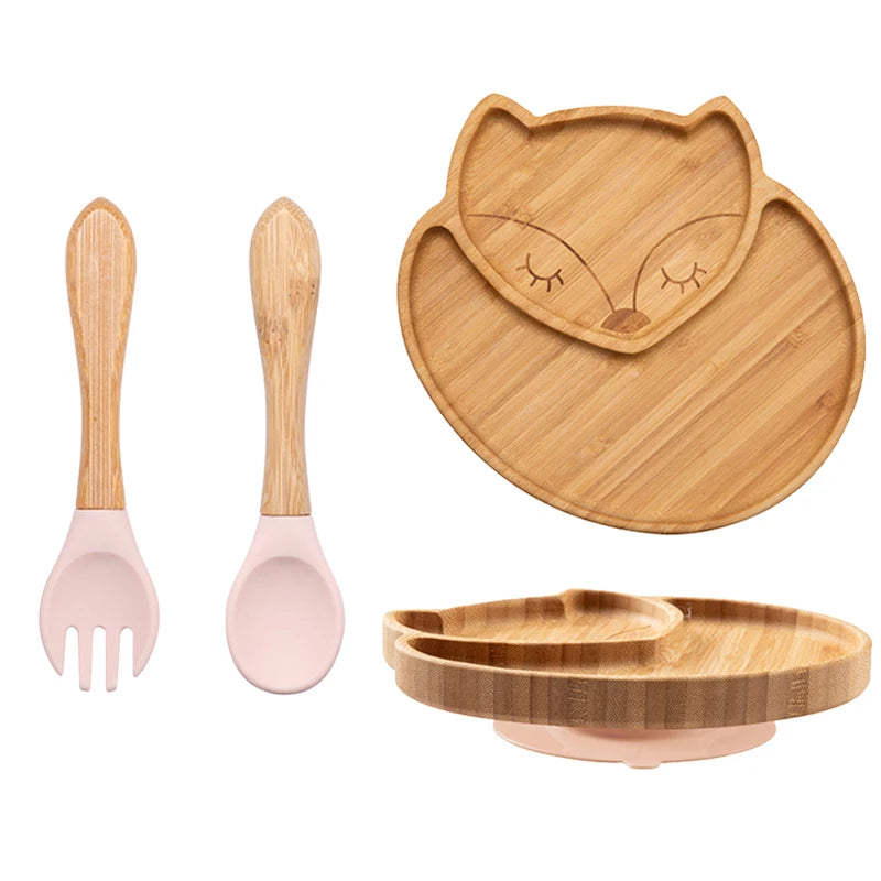 3Pcs Baby Bamboo Plate Silicone Suction Kids Wooden Feeding Tableware Non-slip Dinnerware Baby Tableware for Baby Birthday Gift