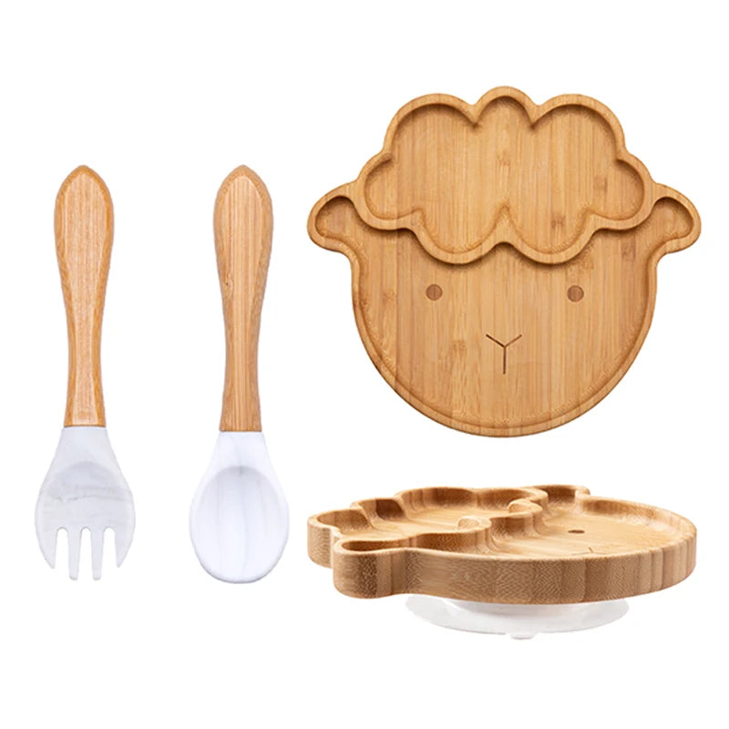 3Pcs Baby Bamboo Plate Silicone Suction Kids Wooden Feeding Tableware Non-slip Dinnerware Baby Tableware for Baby Birthday Gift