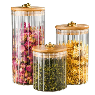 Glass Food Jar with Sealed Bamboo Lid Kitchen Pantry Grains Cookie Coffee Tea Candy Snack Storage Bottle Jars Kitchen Canister